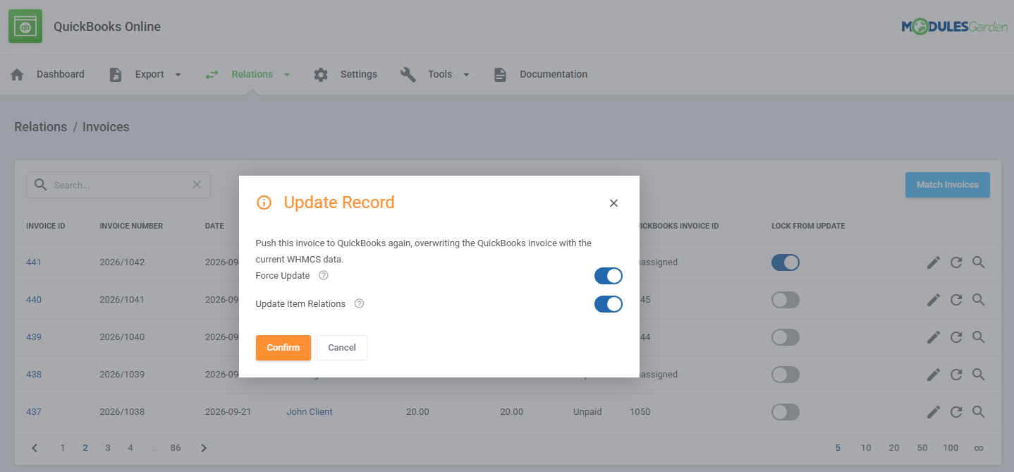QuickBooks Online For WHMCS: Update Record dialog for an invoice with Force Update and Update Item Relations enabled