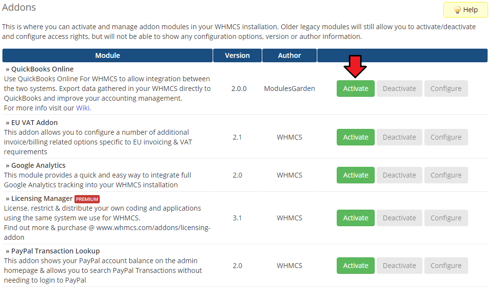 QuickBooks Online For WHMCS: WHMCS Addon Modules list with the Activate button next to QuickBooks Online