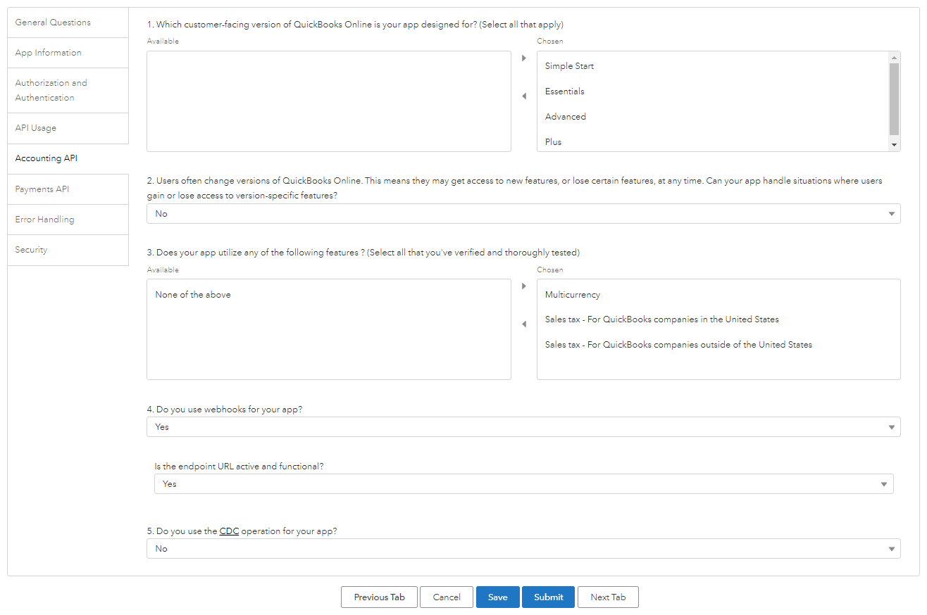 QuickBooks Online Survey: Accounting API tab of the Intuit app assessment with QuickBooks versions, webhooks and CDC