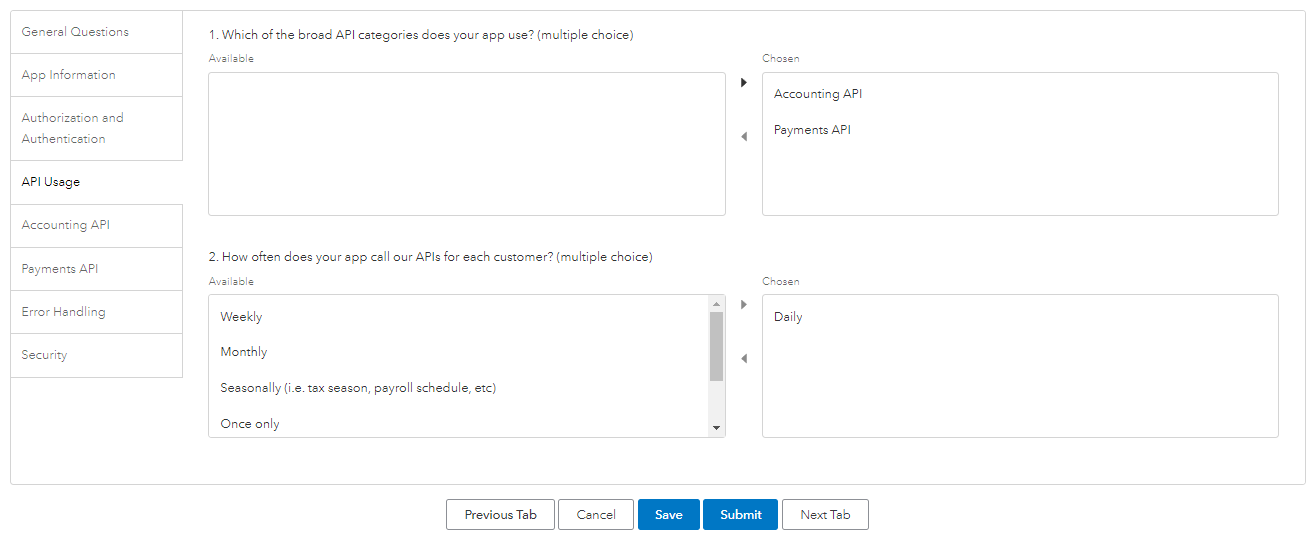 QuickBooks Online Survey: API Usage tab of the Intuit app assessment with chosen API categories and call frequency