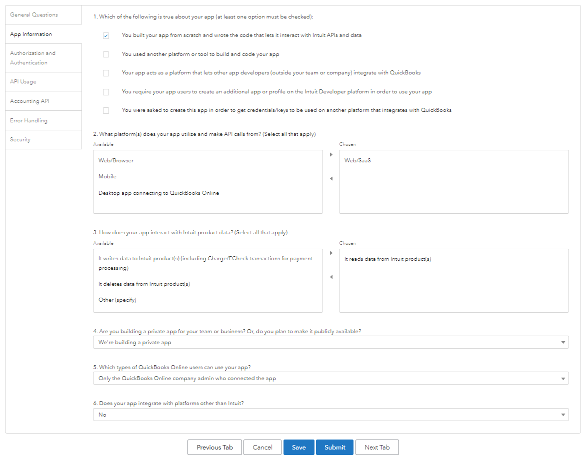 QuickBooks Online Survey: App Information tab of the Intuit app assessment survey with build type, platform and user