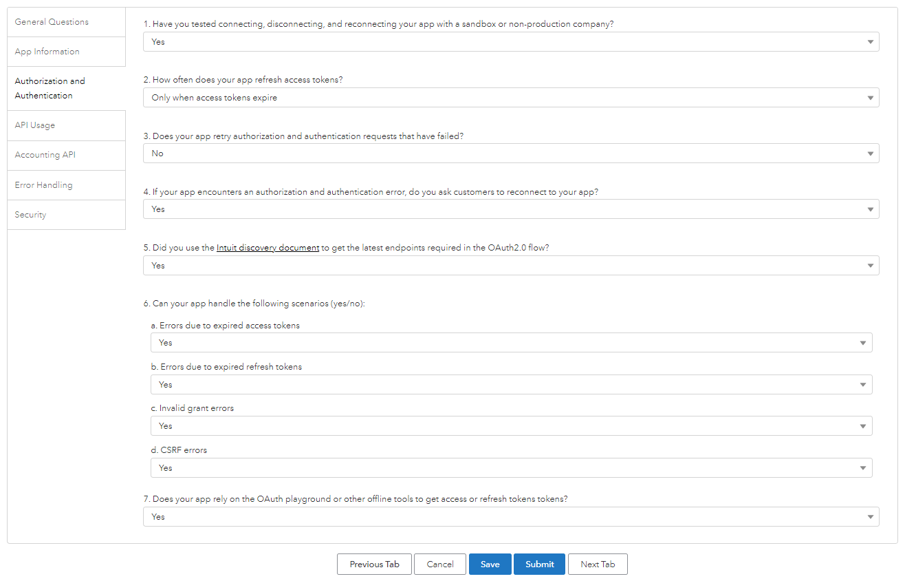 QuickBooks Online Survey: Authorization and Authentication tab of the Intuit app assessment with token refresh questions