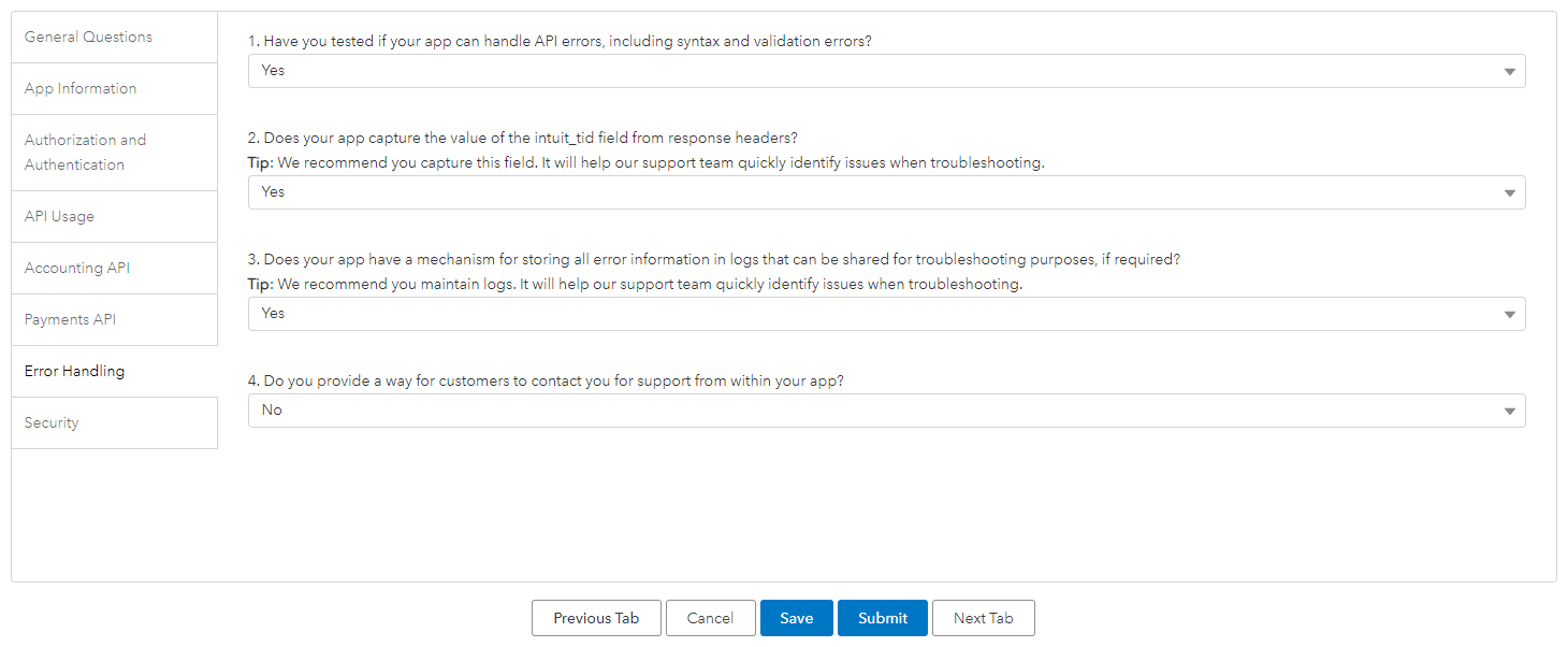 QuickBooks Online Survey: Error Handling tab of the Intuit app assessment with questions about API errors and logs