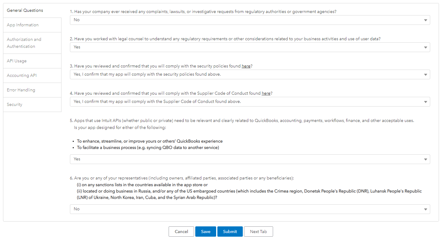 QuickBooks Online Survey: General Questions tab of the Intuit app assessment survey about compliance and sanctions