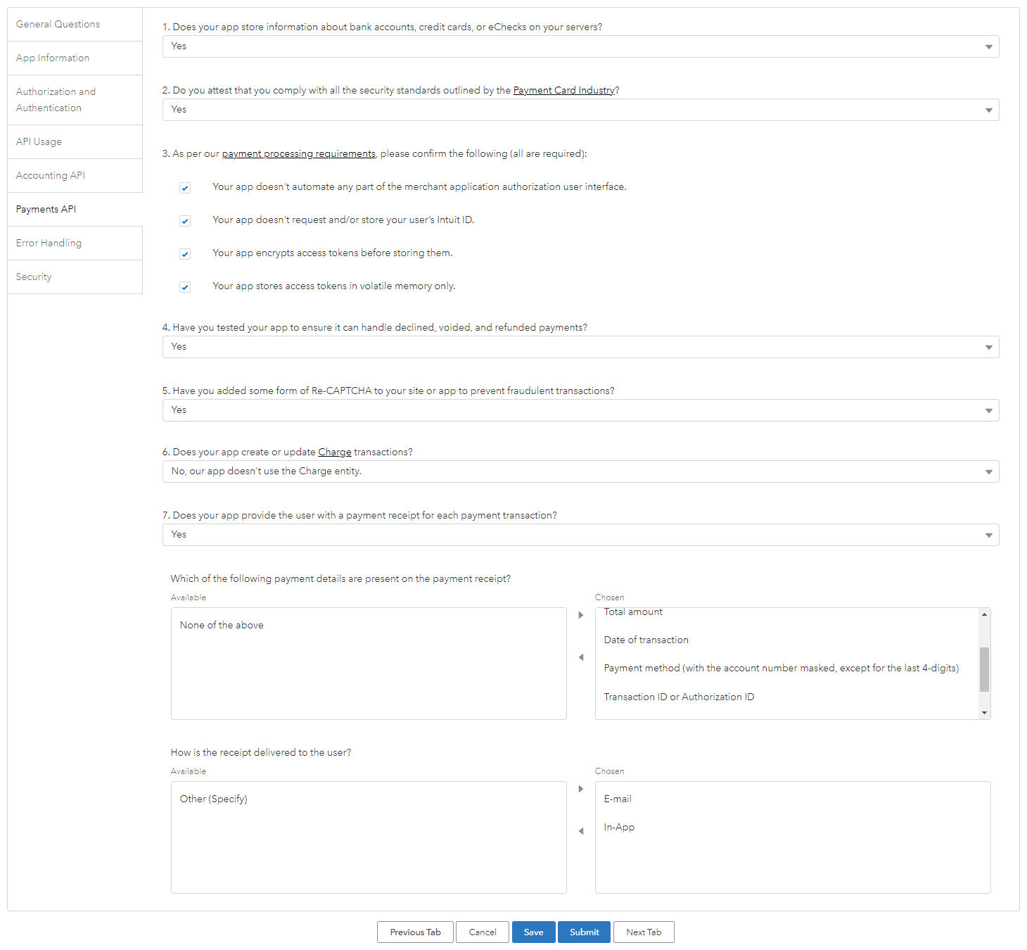 QuickBooks Online Survey: Payments API tab of the Intuit app assessment with card data storage and payment receipt