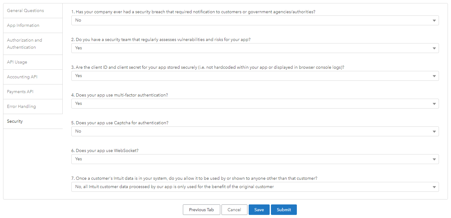 QuickBooks Online Survey: Security tab of the Intuit app assessment with questions about breaches, MFA and data use