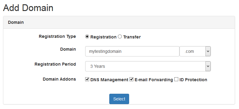 Quotes Automation 1.X For WHMCS: Add Domain window with registration type, domain, TLD, period and domain addons