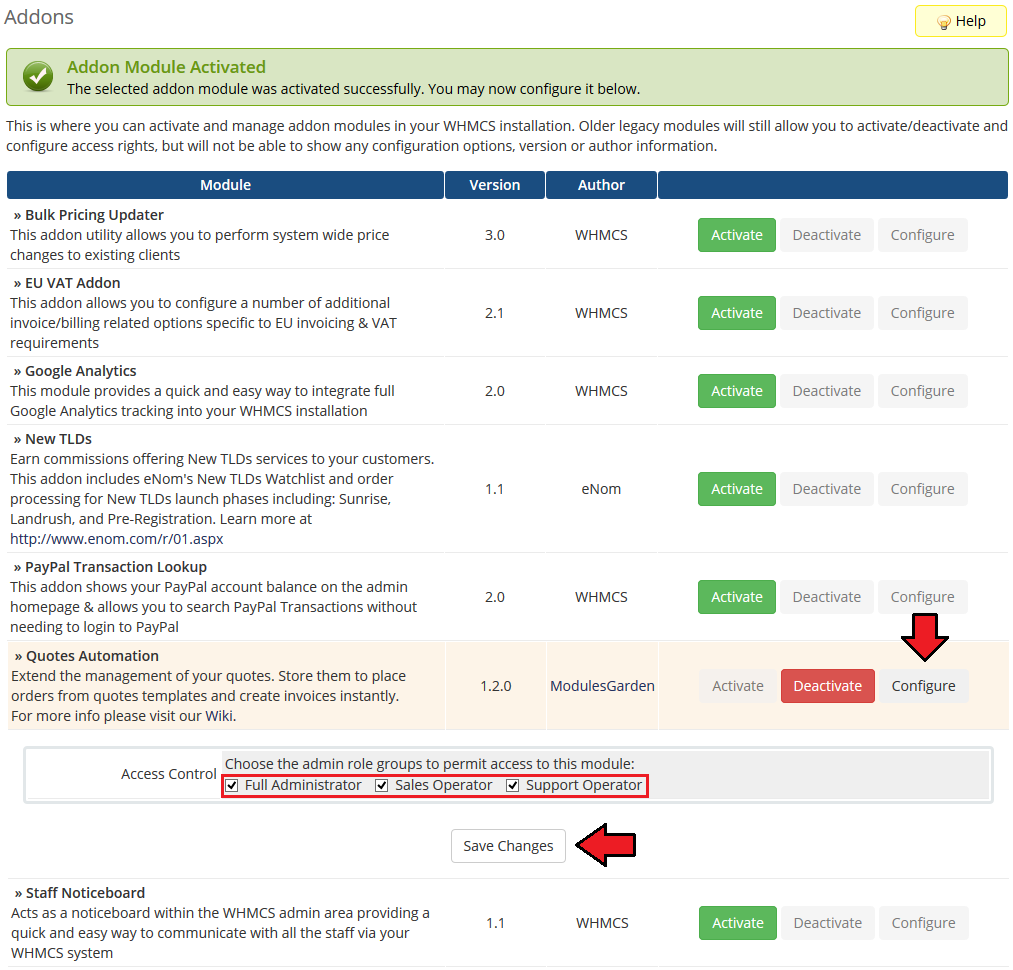 Quotes Automation 1.X For WHMCS: Addon Modules access control with admin role checkboxes and the Save Changes button
