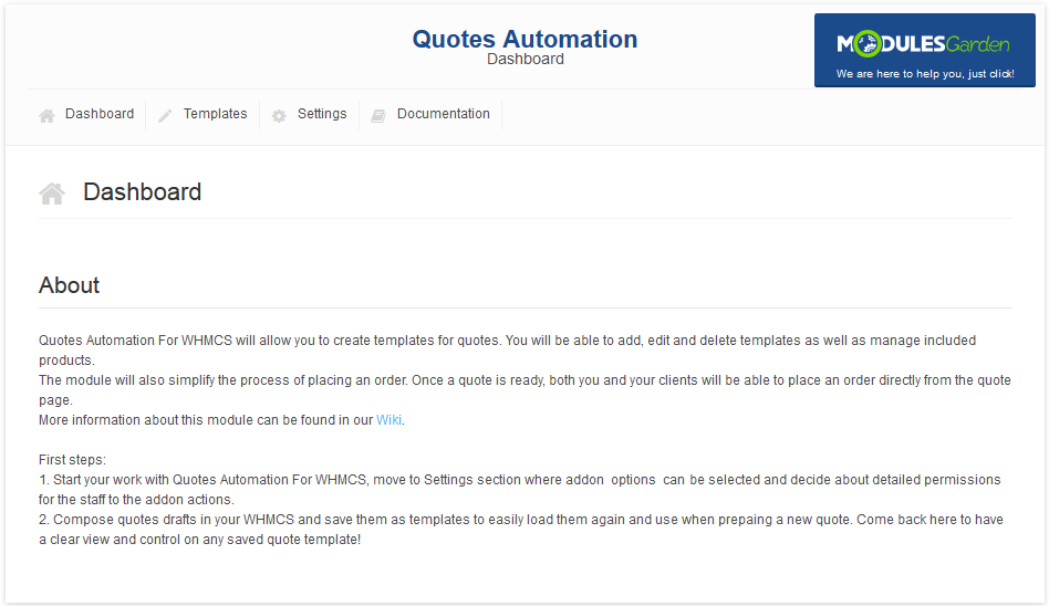 Quotes Automation 1.X For WHMCS: module Dashboard in the WHMCS admin area with the About text and first steps