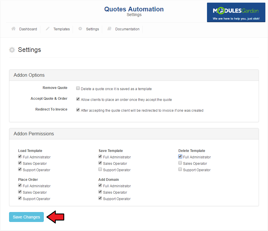 Quotes Automation 1.X For WHMCS: module Settings tab with Addon Options and Addon Permissions per admin role