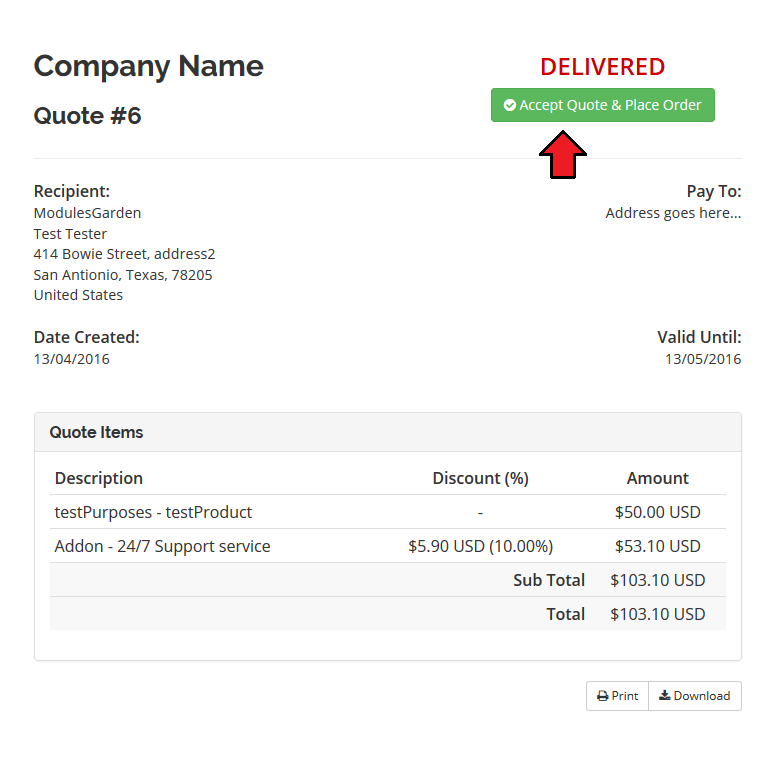 Quotes Automation 1.X For WHMCS: client area quote in Delivered stage with the Accept Quote and Place Order button