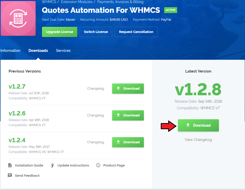 Quotes Automation 1.X For WHMCS: client area product Downloads tab with the latest version Download button