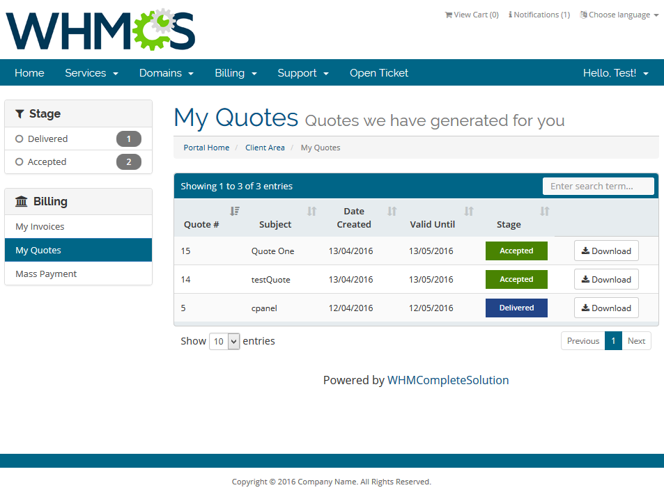 Quotes Automation 1.X For WHMCS: client area My Quotes list with quote stages and Download buttons