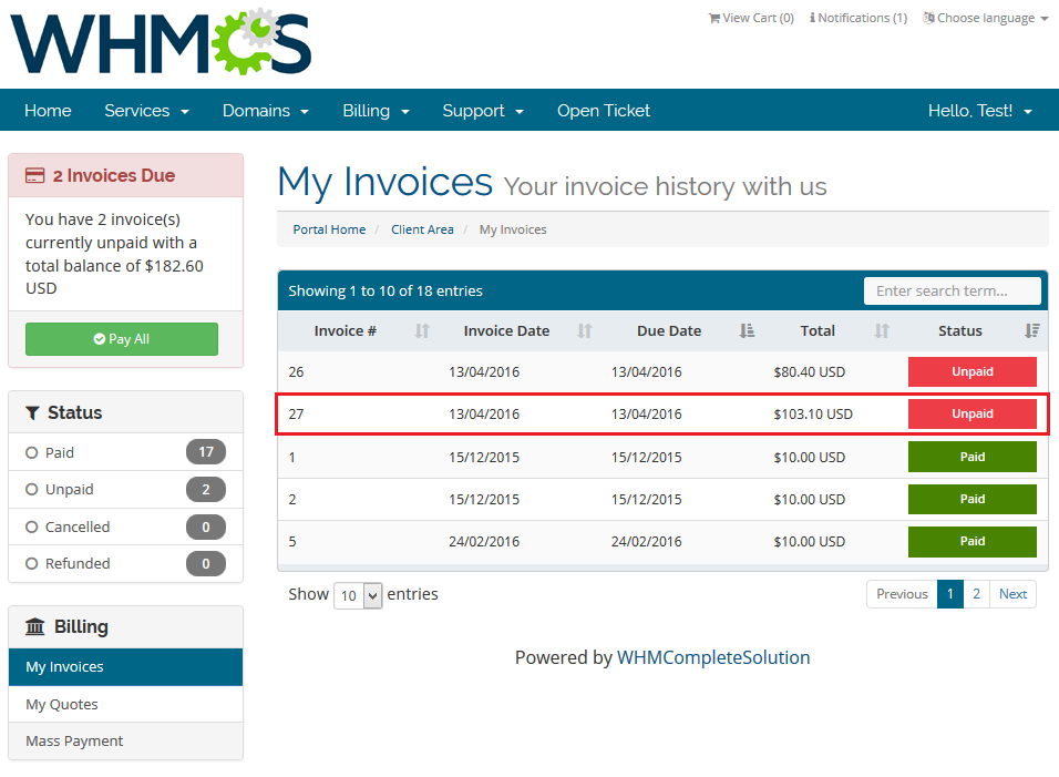 Quotes Automation 1.X For WHMCS: client area My Invoices list with the new unpaid invoice from the quote highlighted