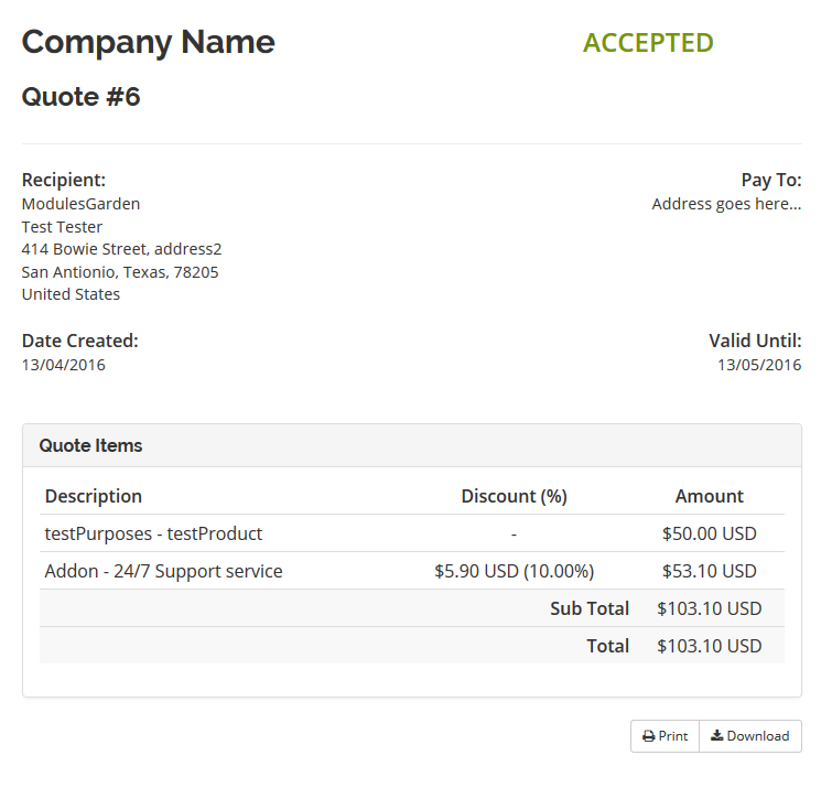 Quotes Automation 1.X For WHMCS: client area quote page with the status changed to Accepted after acceptance