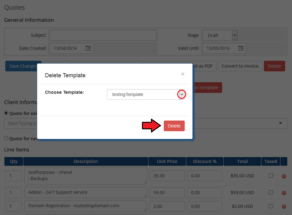 Quotes Automation 1.X For WHMCS: Delete Template dialog with a template selected and the Delete button