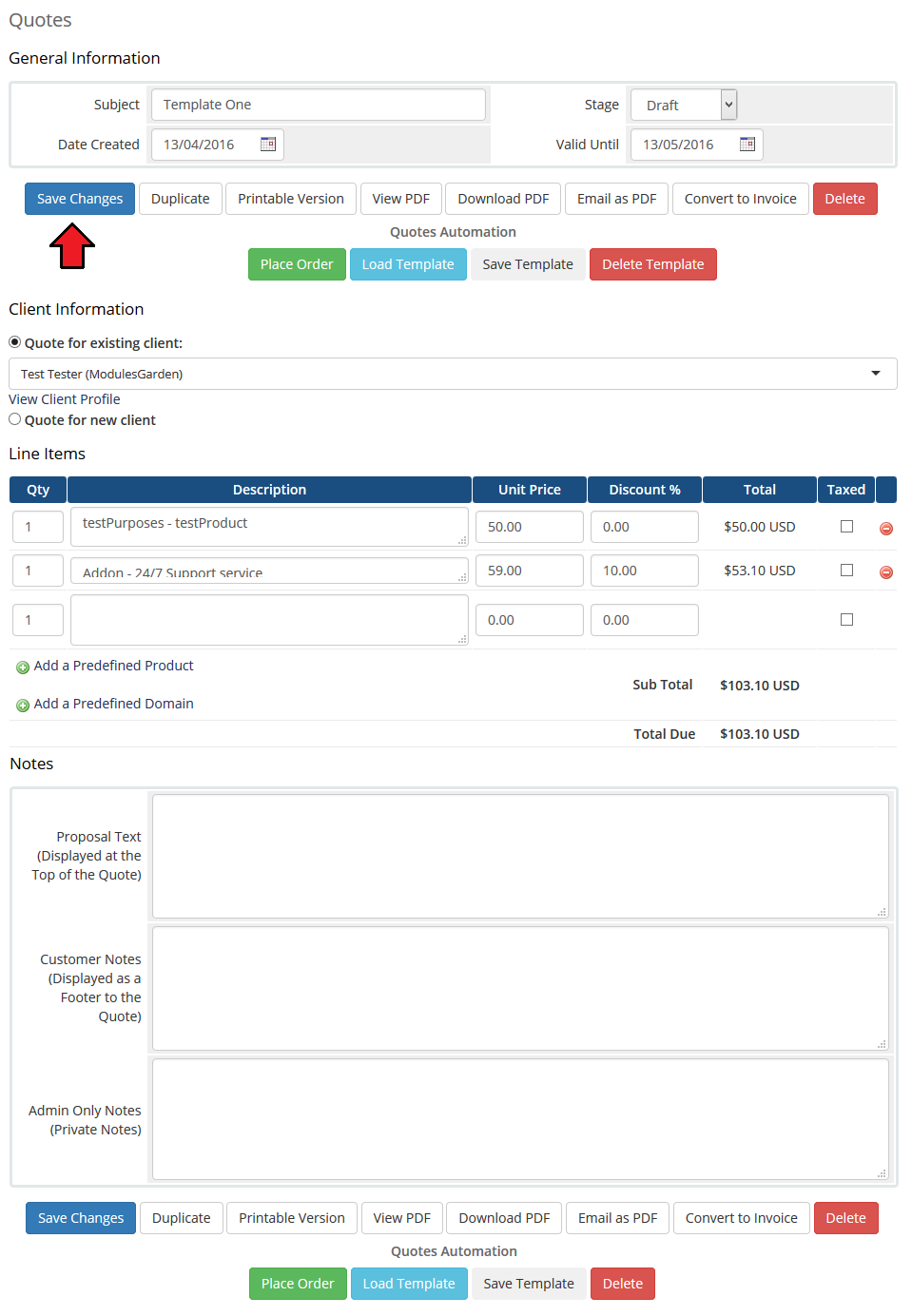 Quotes Automation 1.X For WHMCS: quote opened from a saved template with line items and the Save Changes button marked