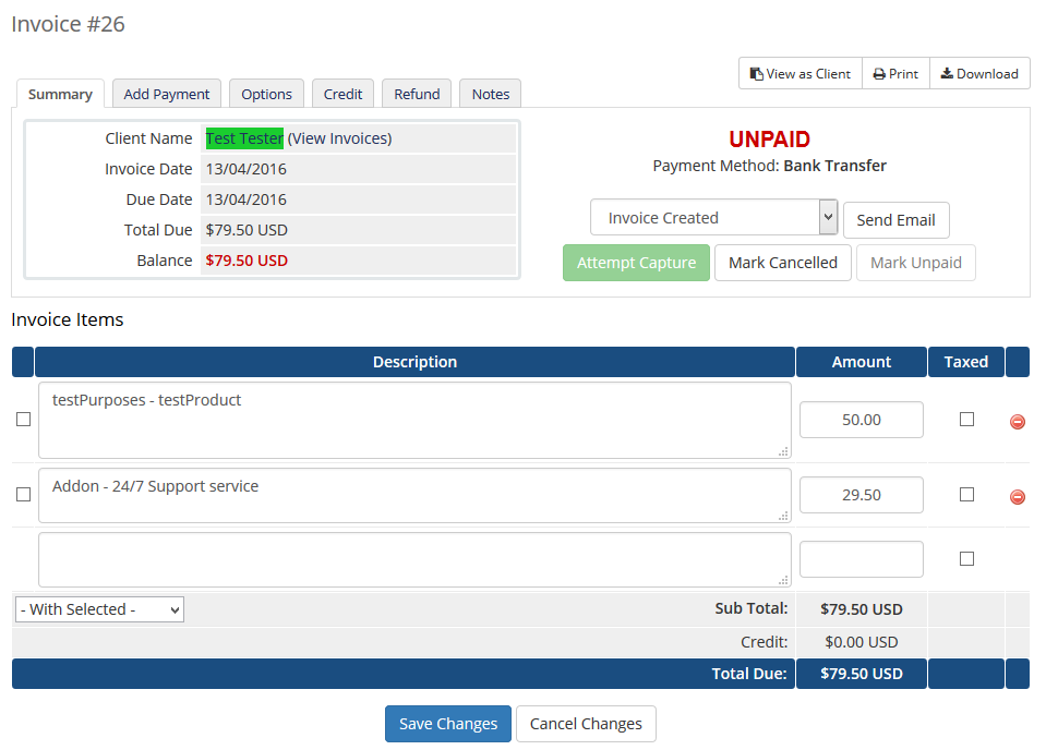 Quotes Automation 1.X For WHMCS: WHMCS invoice created from the quote with the 50% discount applied to the addon line