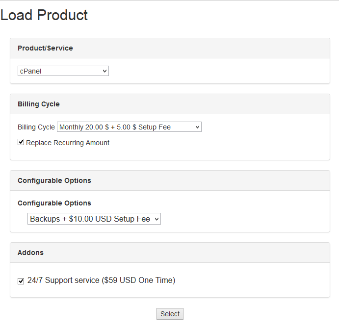 Quotes Automation 1.X For WHMCS: Load Product window with product, billing cycle, configurable options and addons
