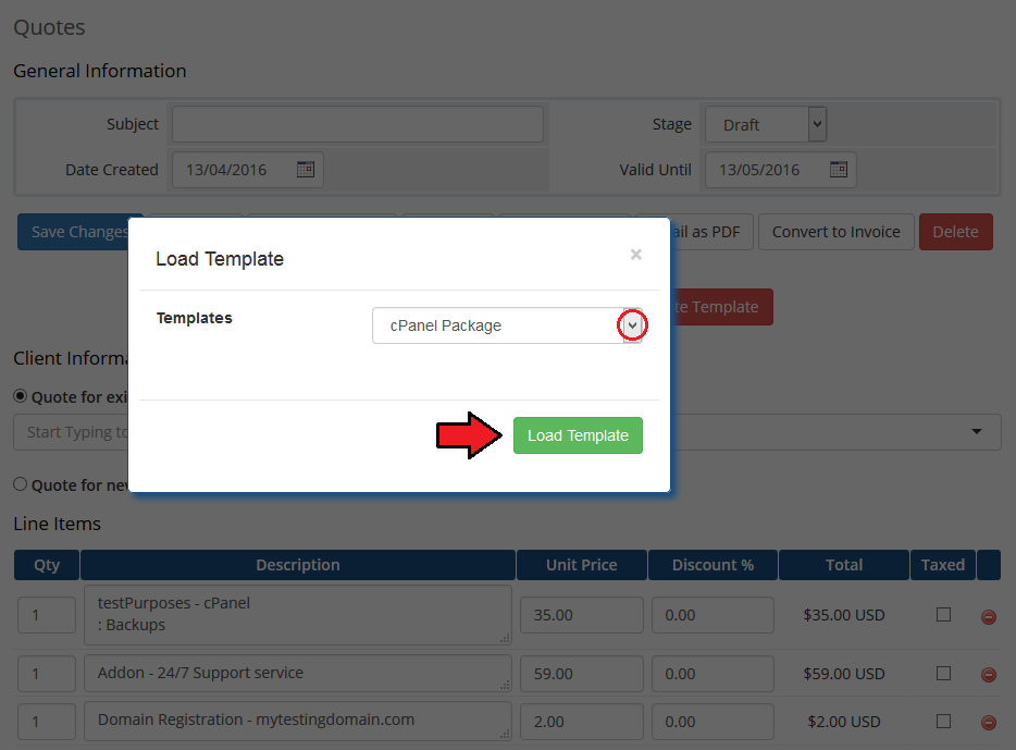 Quotes Automation 1.X For WHMCS: Load Template dialog with a template selected from the dropdown list