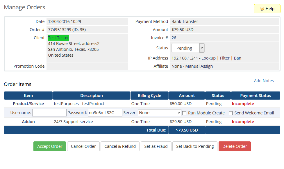 Quotes Automation 1.X For WHMCS: WHMCS Manage Orders page with an order created from the quote at the specified price