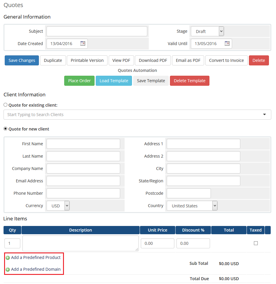 Quotes Automation 1.X For WHMCS: WHMCS admin Quotes page with the Add a Predefined Product and Domain links marked
