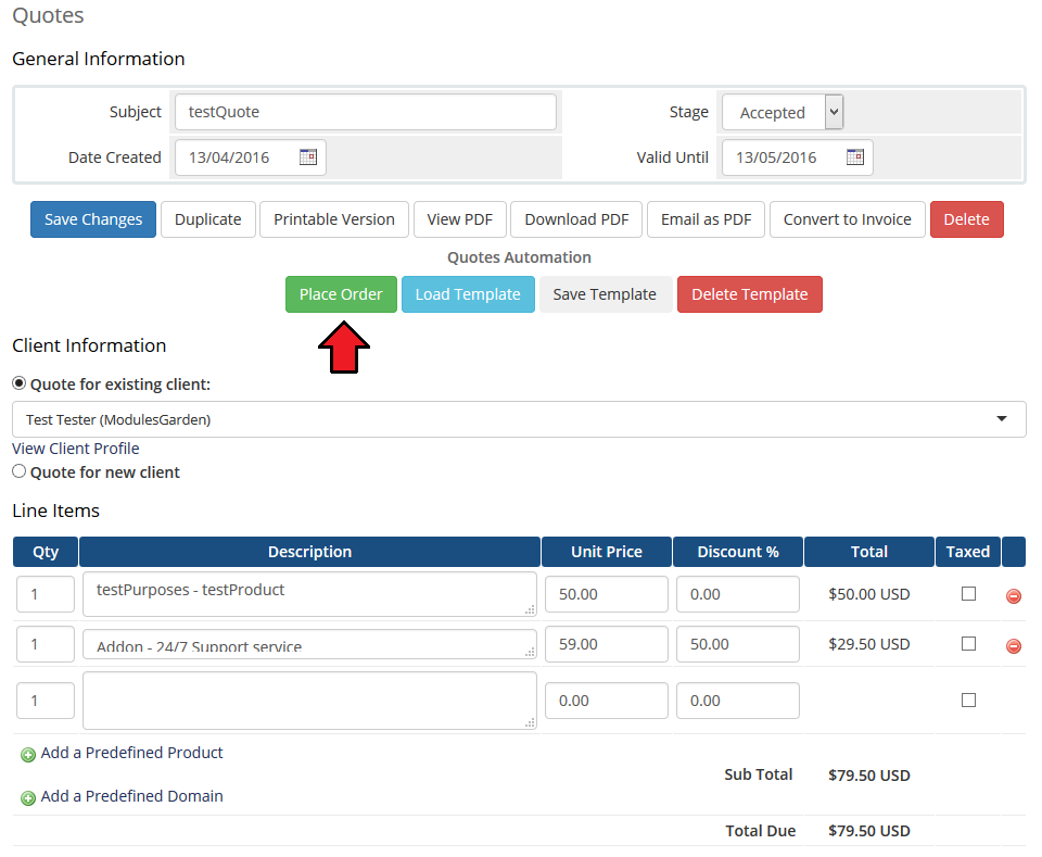 Quotes Automation 1.X For WHMCS: accepted quote with a 50% discount on one line and the Place Order button marked