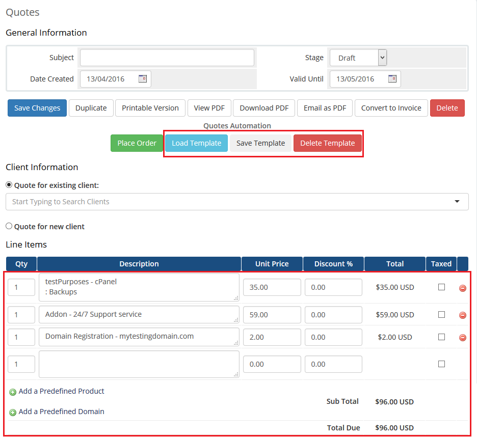 Quotes Automation 1.X For WHMCS: WHMCS quote with added product, addon and domain lines and the template buttons marked