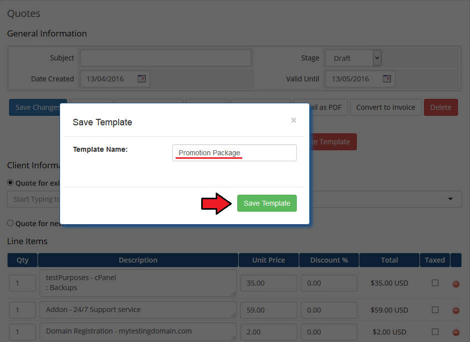 Quotes Automation 1.X For WHMCS: Save Template dialog with the Promotion Package template name entered