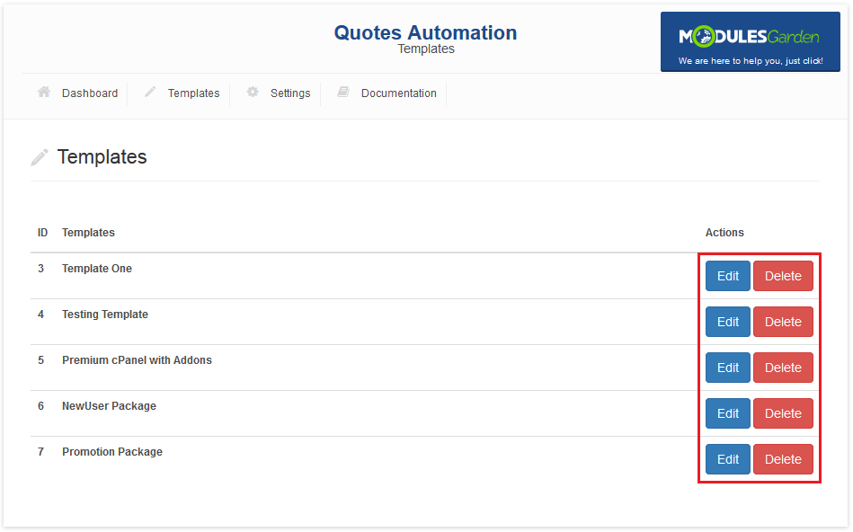 Quotes Automation 1.X For WHMCS: module Templates list with the Edit and Delete action buttons marked