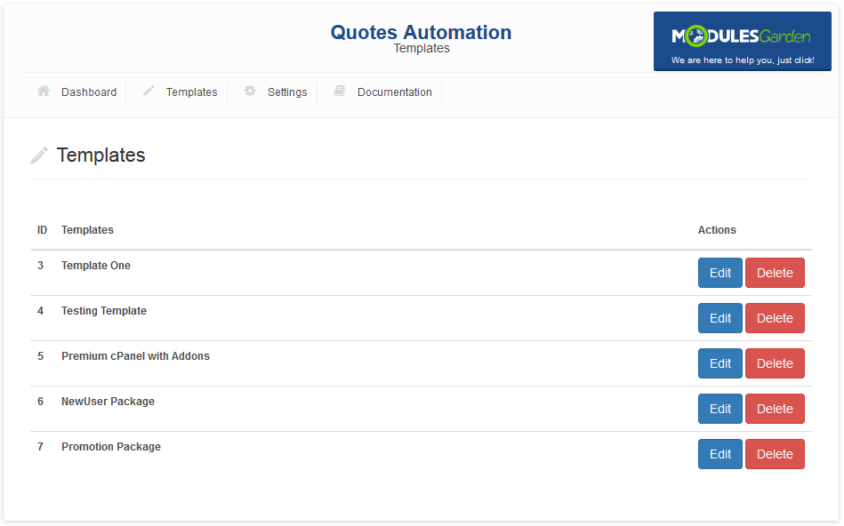 Quotes Automation 1.X For WHMCS: module Templates tab listing saved quote templates with Edit and Delete buttons