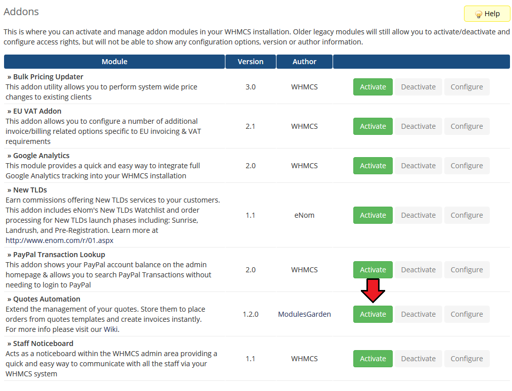 Quotes Automation 1.X For WHMCS: WHMCS Addon Modules list with the Activate button next to Quotes Automation