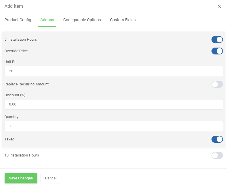 Quotes Automation For WHMCS: Add Item dialog Addons tab with a product addon enabled and its price settings