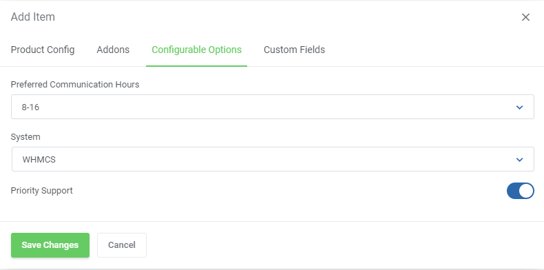 Quotes Automation For WHMCS: Add Item dialog Configurable Options tab with option values for the product