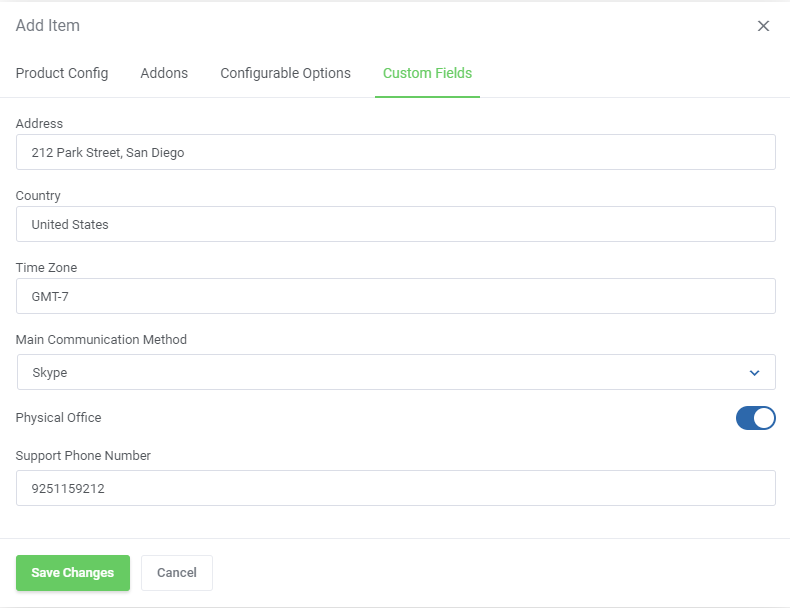 Quotes Automation For WHMCS: Add Item dialog Custom Fields tab with custom field values and Save Changes
