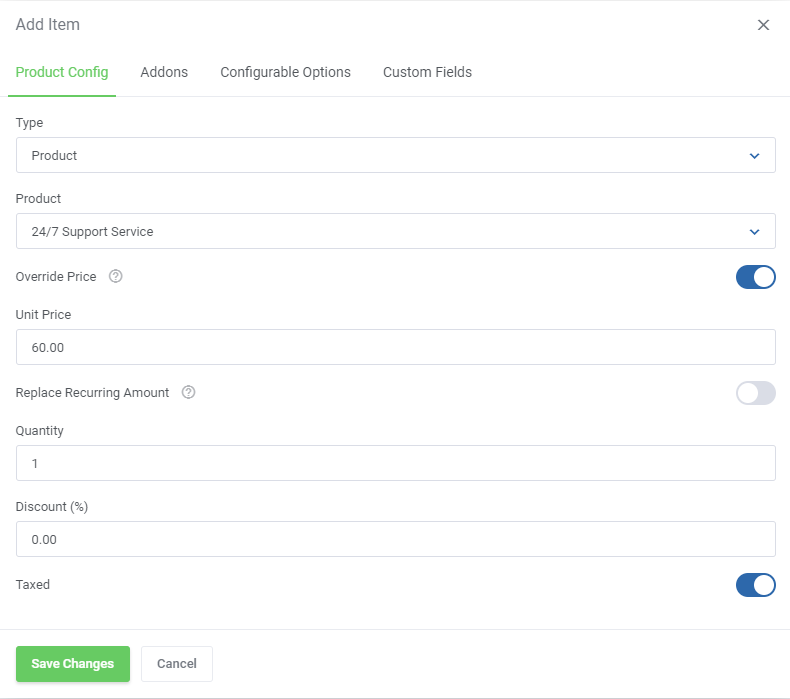 Quotes Automation For WHMCS: Add Item dialog Product Config tab with product, price override and discount