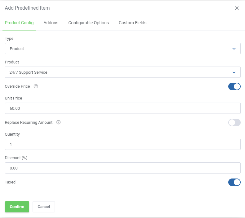 Quotes Automation For WHMCS: Add Predefined Item dialog with product config, override price, quantity and discount