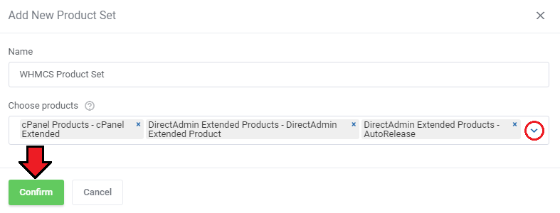 Quotes Automation For WHMCS: Add New Product Set dialog with the name field, product selection dropdown and Confirm