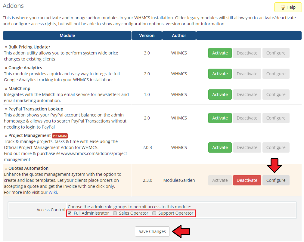 Quotes Automation For WHMCS: Addon Modules access control with admin role checkboxes and Save Changes marked