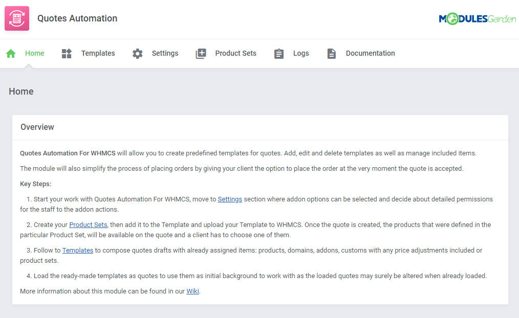 Quotes Automation For WHMCS: module Home page with the overview text and key steps in the WHMCS admin area