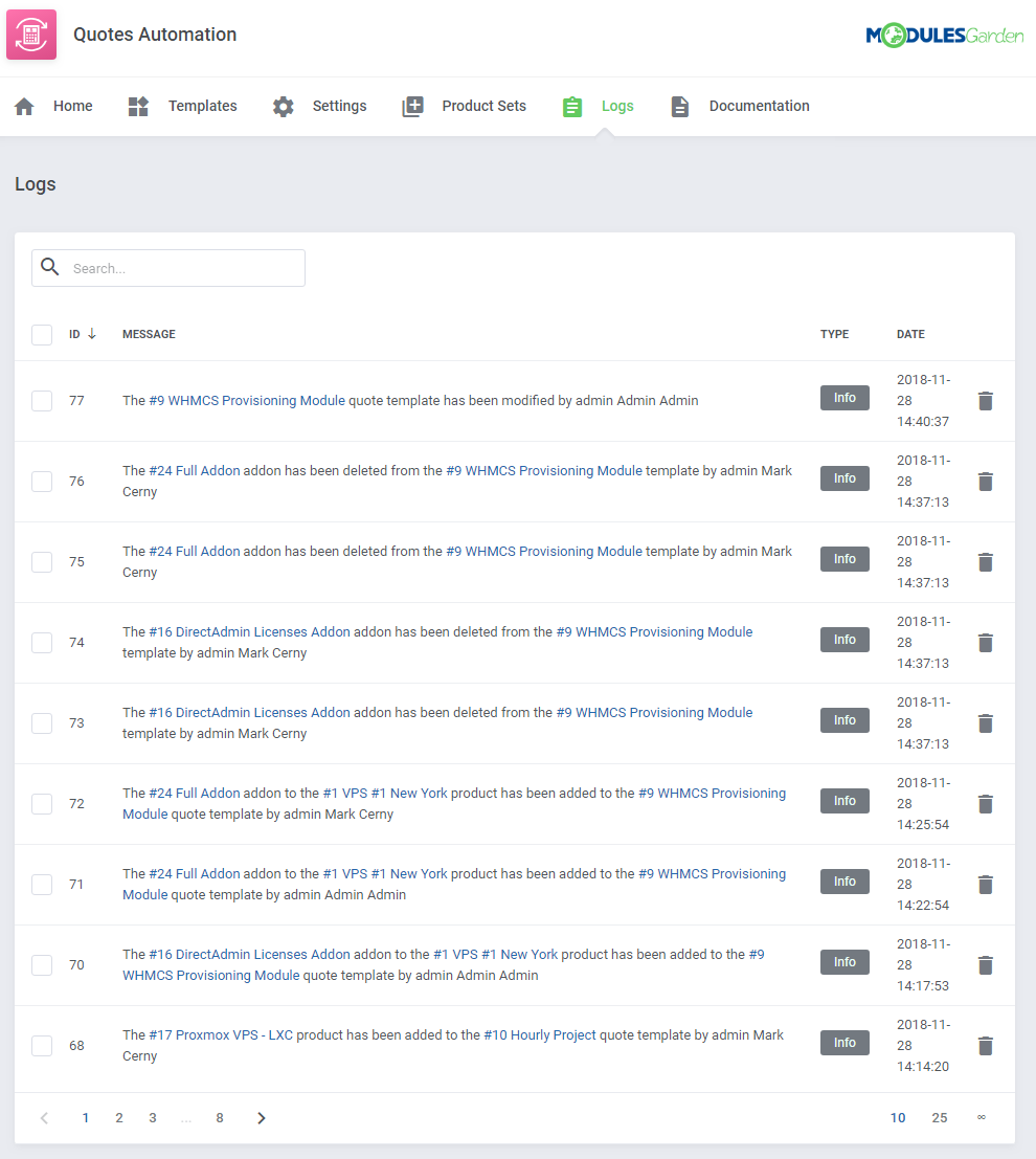 Quotes Automation For WHMCS: Logs tab in the addon listing template actions with message, type and date columns