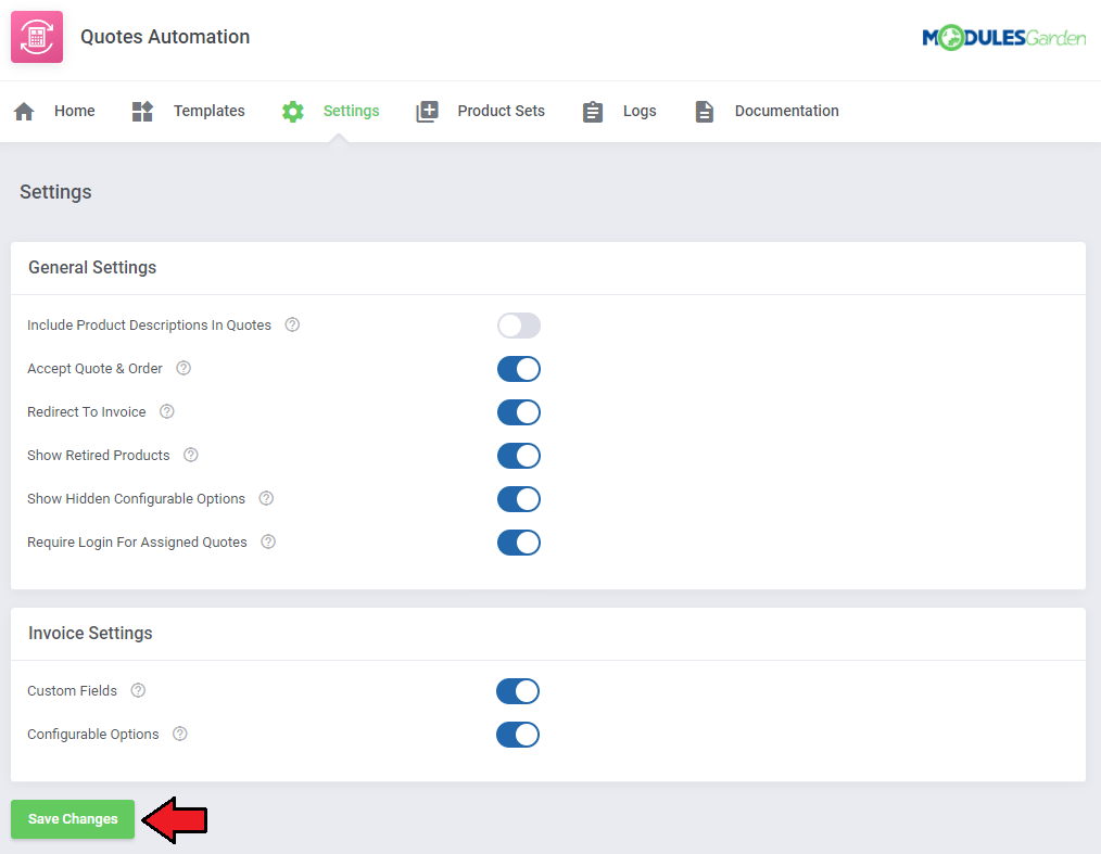 Quotes Automation For WHMCS: module Settings tab with general and invoice setting switches and Save Changes