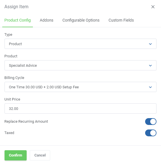 Quotes Automation For WHMCS: Assign Item dialog with product, billing cycle, unit price and replace recurring amount