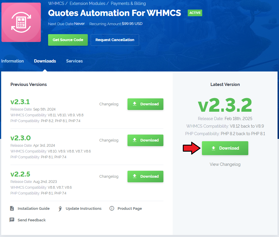 Quotes Automation For WHMCS: client area Downloads tab with the latest version Download button marked
