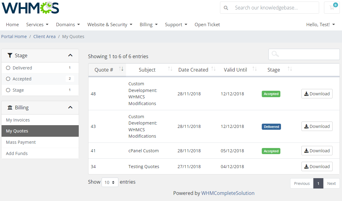 Quotes Automation For WHMCS: WHMCS client area My Quotes list with stage filter and Accepted and Delivered quotes to