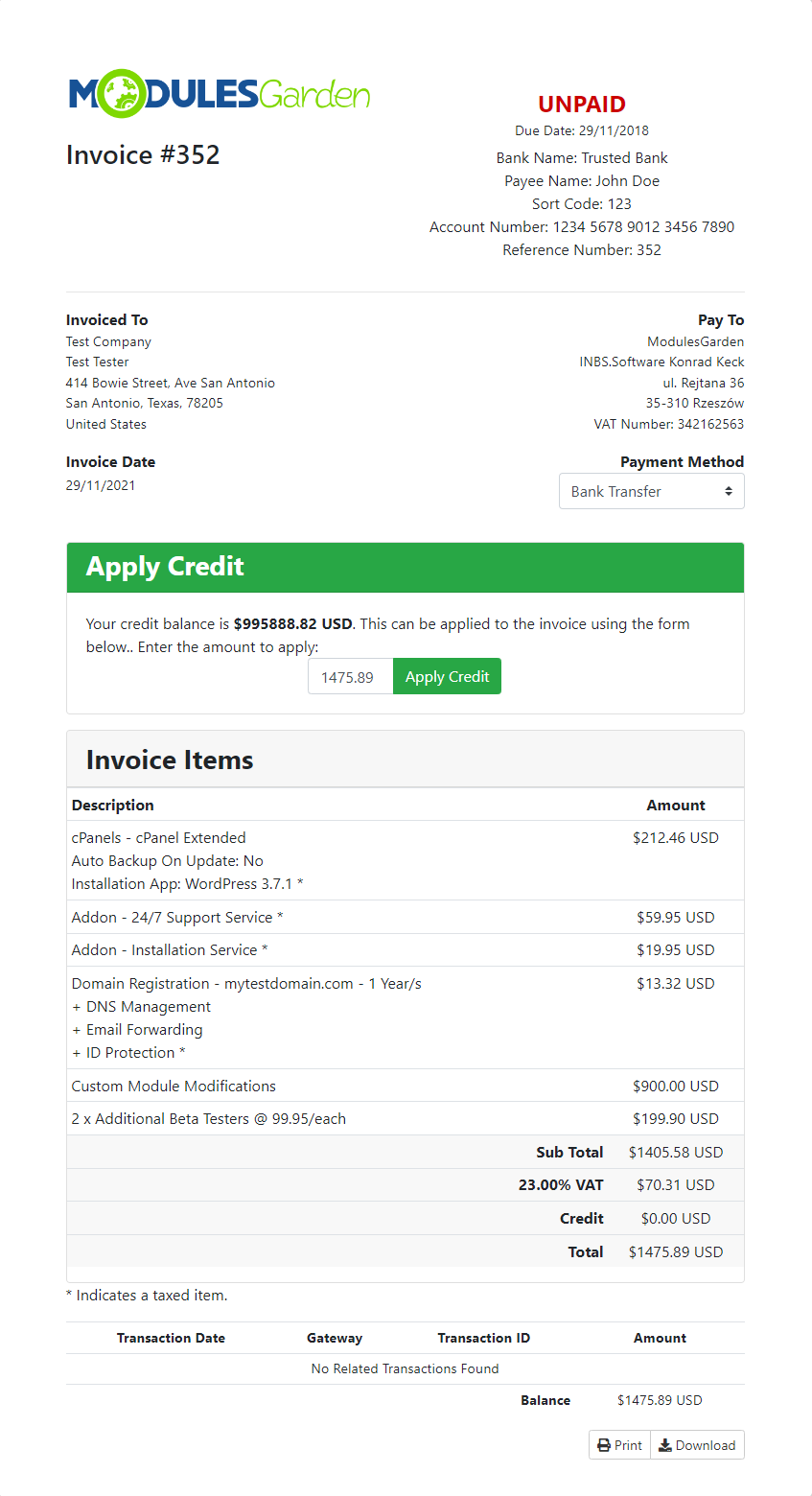 Quotes Automation For WHMCS: Client area invoice generated from the accepted quote with Apply Credit and invoice items