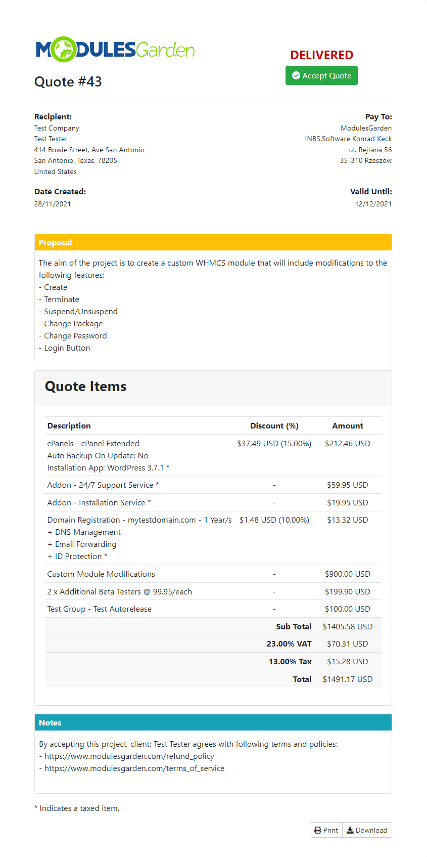 Quotes Automation For WHMCS: Client area quote view with Delivered status, Accept Quote button, proposal and quote items