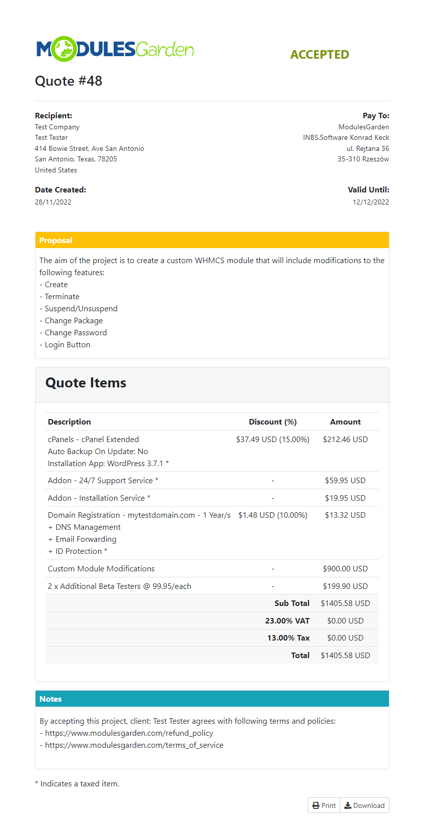 Quotes Automation For WHMCS: Client area quote view with Accepted status, proposal, quote items and totals