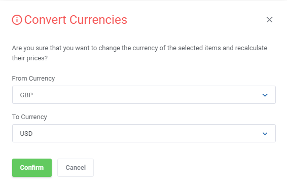 Quotes Automation For WHMCS: Convert Currencies dialog with From Currency and To Currency lists