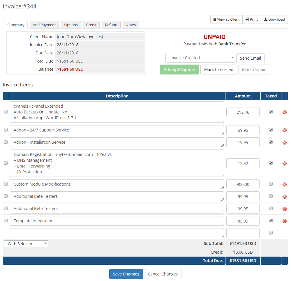 Quotes Automation For WHMCS: WHMCS admin invoice created from the accepted quote with invoice items, totals and Unpaid